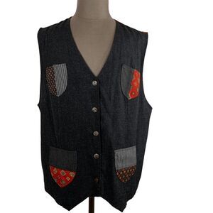 HM2 Women's Size 2X Vintage Black Denim Patchwork pocket Red back print Vest